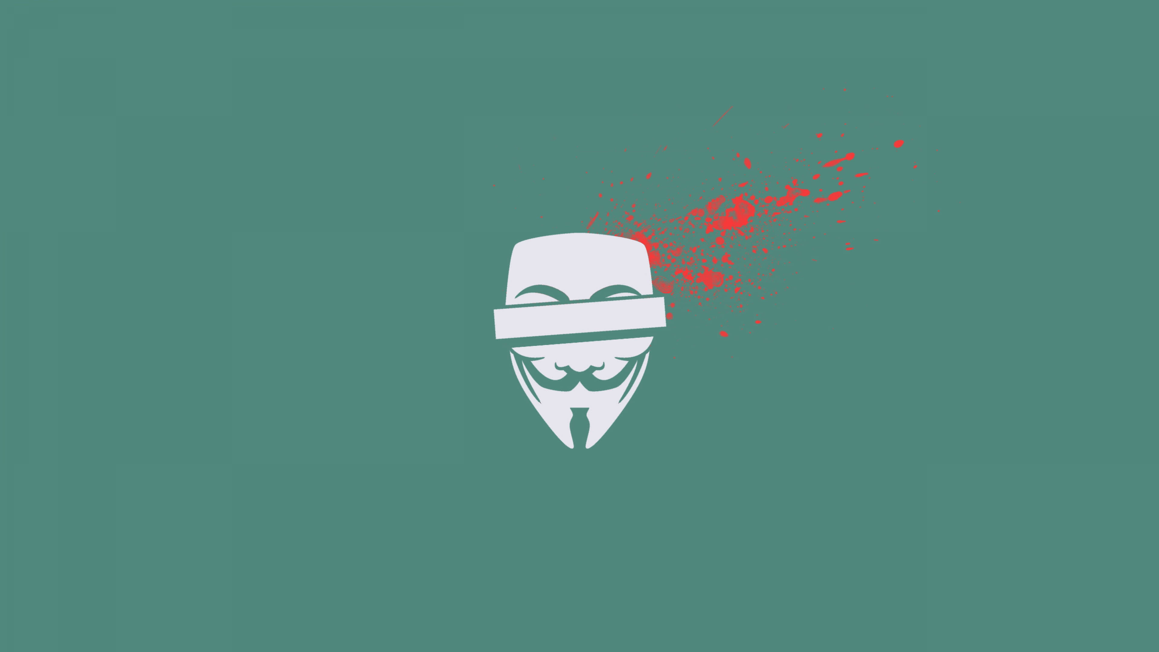 駭客面具 桌布 壁紙 — 一個白色 Guy Fawkes 面具，帶有紅色飛濺，背景為純青色。