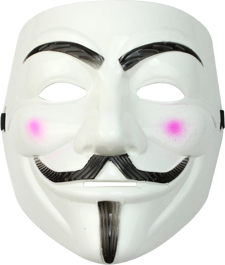 匿名 桌布 壁紙 — 一個白色 Guy Fawkes 面具，帶有黑色眉毛、鬍鬚和山羊鬍，臉頰上有粉紅色腮紅印記，背景為純色。