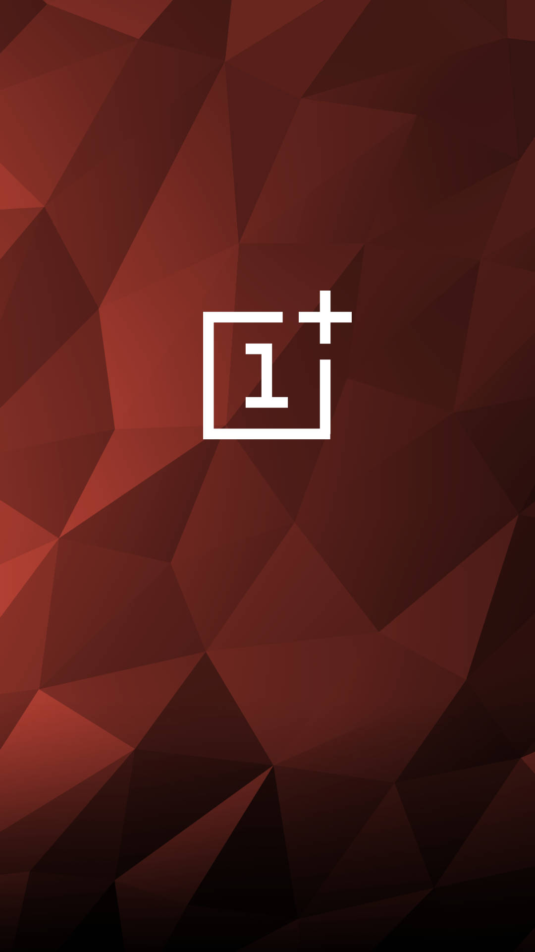 一加 桌布 壁紙 — 一個白色 OnePlus 標誌居中於帶有漸變陰影的幾何紅色多邊形背景上。