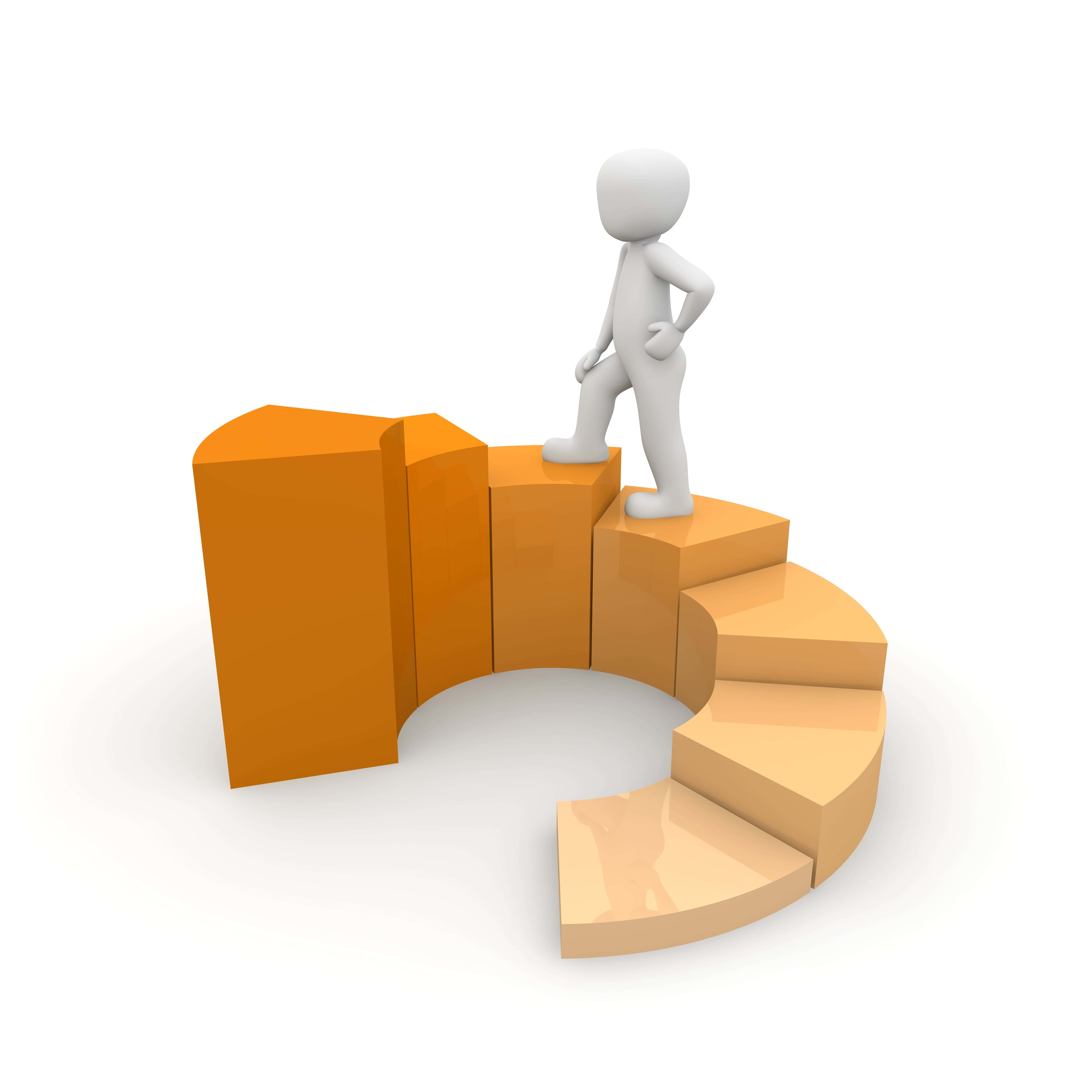 stairs 桌布 壁紙 — 一個白色3D人偶自信地站在彎曲的橙色樓梯上，背景是純白色。
