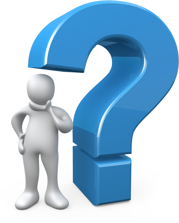 Questions 桌布 壁紙 — 一個白色3D人像在黑色背景前，若有所思地站在一個大型光滑藍色問號旁邊。