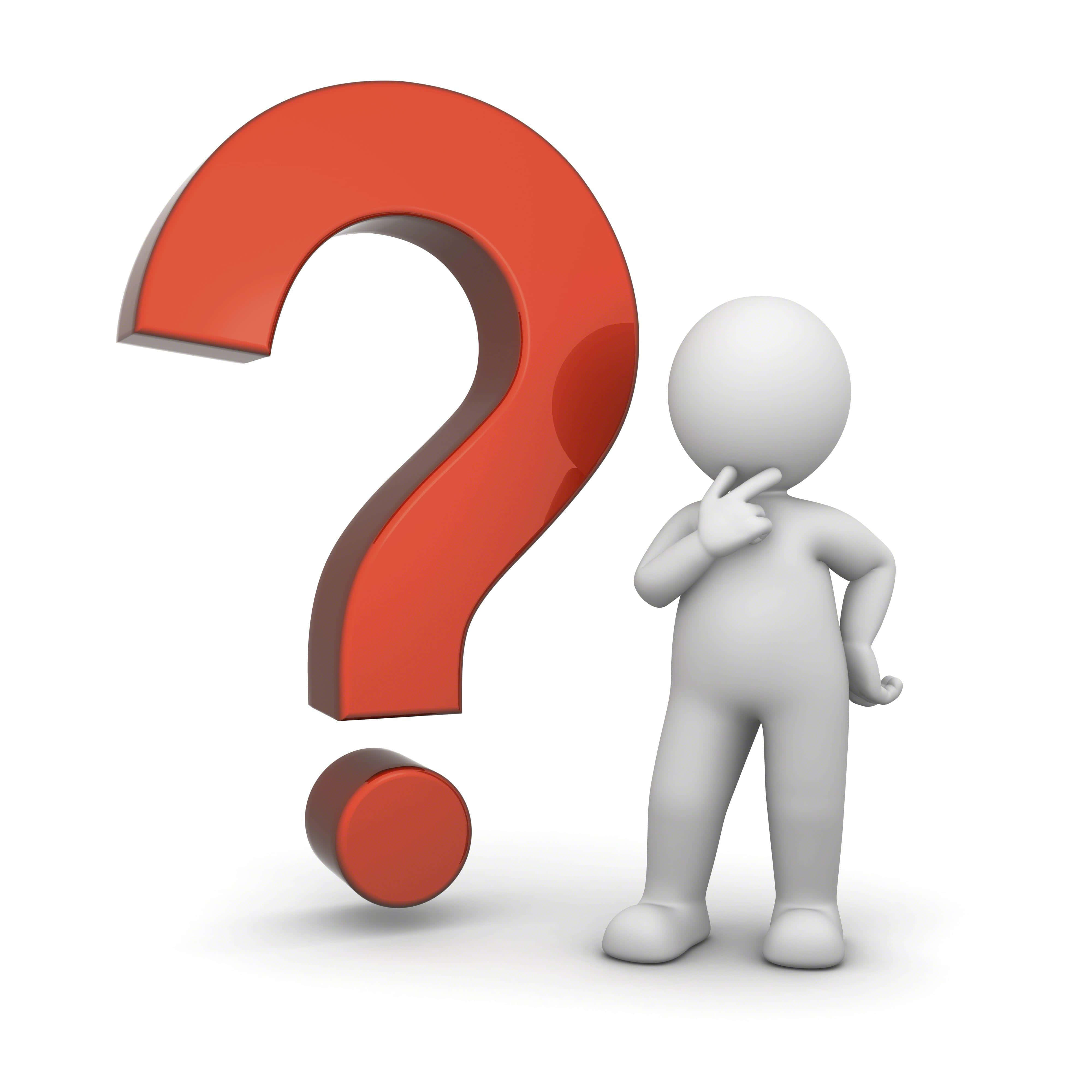 Question Mark 桌布 壁紙 — 一個白色3D人像站在一個純白色背景前，旁邊有一個大型亮面紅色問號，正在沉思。