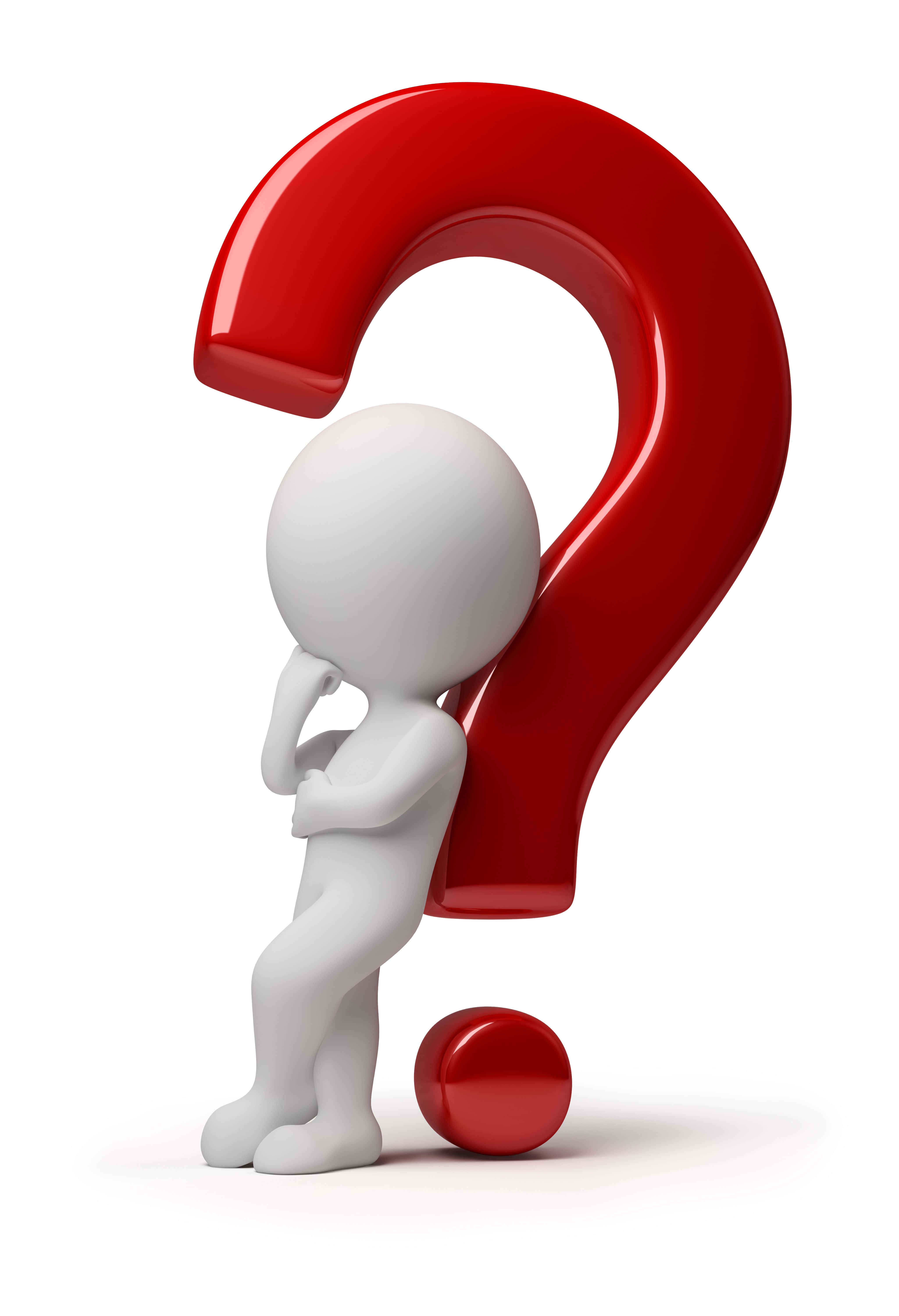 Question Mark 桌布 壁紙 — 一個白色3D人像若有所思地靠著一個在純白背景上的大型亮面紅色問號。