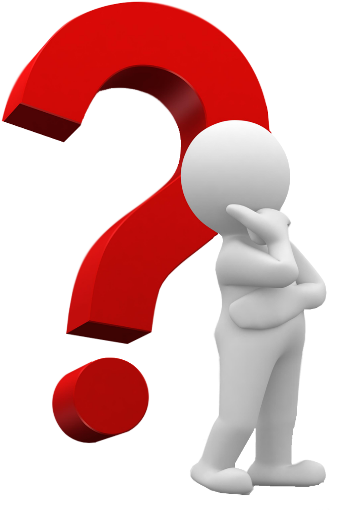 Questions 桌布 壁紙 — 一個白色3D人形以沉思姿態站在一個大型紅色問號旁邊，背景為黑色。