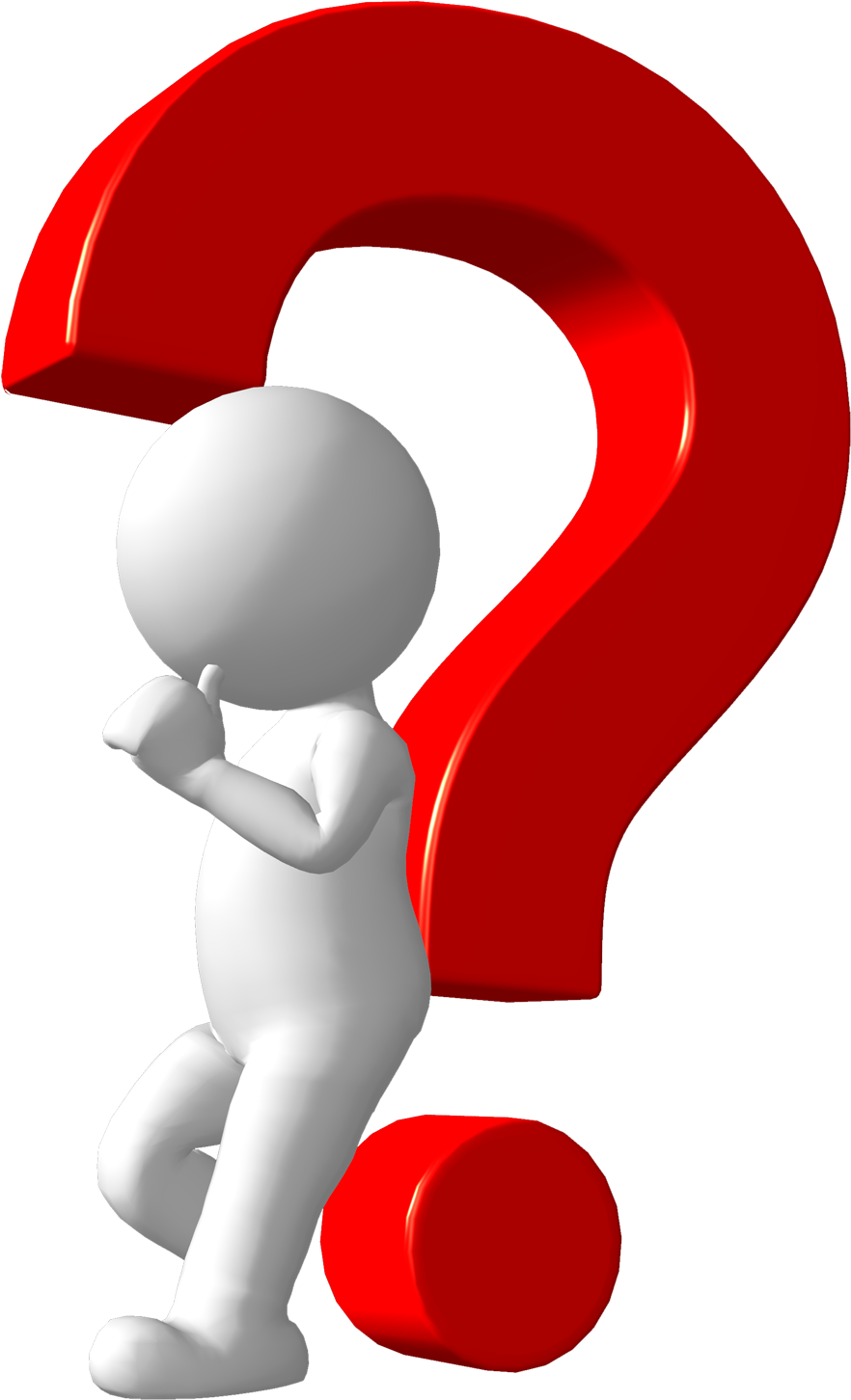 Questions 桌布 壁紙 — 一個白色3D人物以沉思姿態站在黑色背景上一個大型亮面紅色問號旁邊。