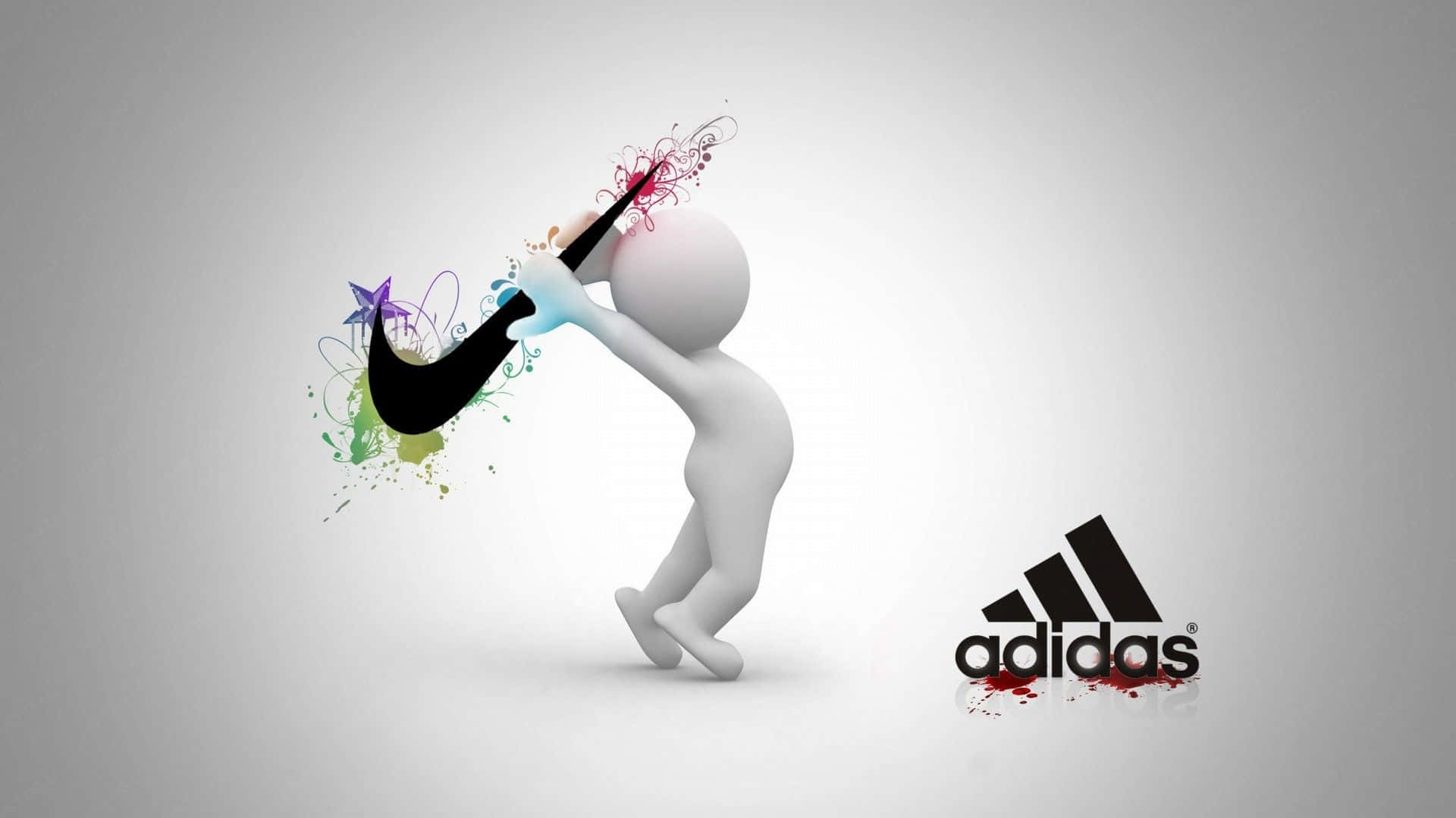 愛迪達 桌布 壁紙 — 一個白色3D人物動態地用畫筆擊打Nike勾號，在純灰色背景上爆出彩色飛濺，而附近的Adidas標誌滴落紅色油漆。