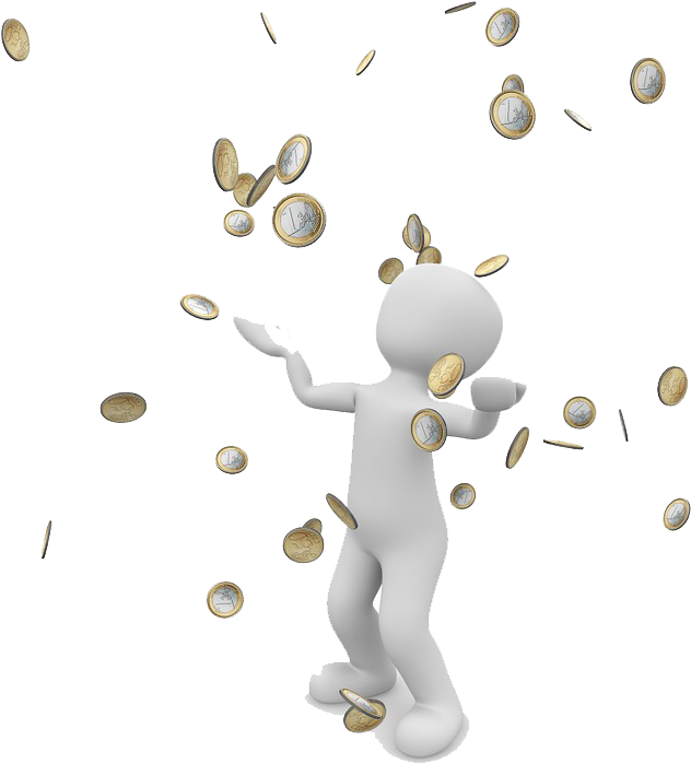 金融 桌布 壁紙 — 一個白色3D人物在黑色背景上歡快地跳舞，周圍歐元硬幣如雨般落下。