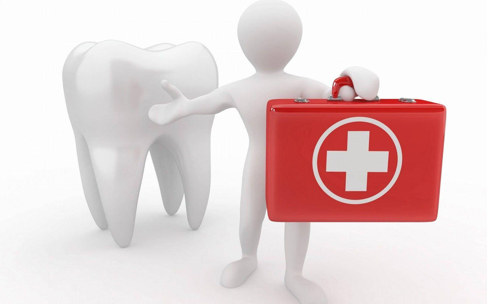 Dentistry 桌布 壁紙 — 一個白色3D公仔手持紅色急救箱，向著一顆大白牙做手勢。