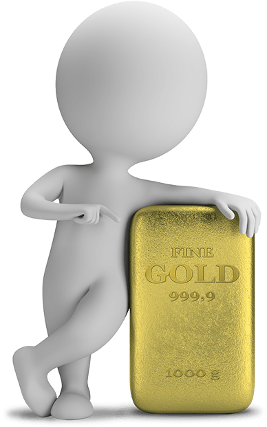 Mining 桌布 壁紙 — 一個白色3D渲染的人物自豪地拿著一個大金條，上面標示純金999.9 1000g。