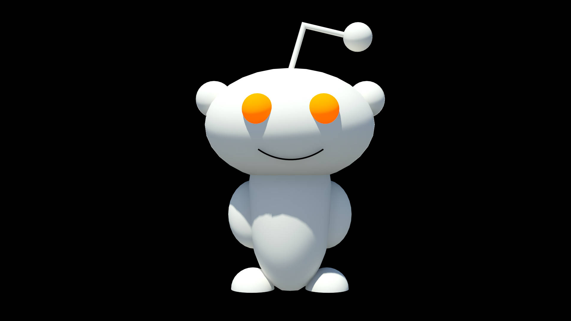 Reddit 桌布 壁紙 — 一個白色3D渲染的外星人吉祥物，有橙色眼睛和天線，站在黑色背景前。