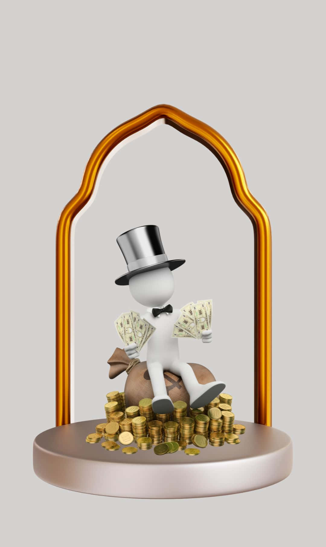 1080x1812 桌布 壁紙 — 一個白色3D渲染的戴高帽和領結的人物坐在金色拱形展示櫃內的一堆金幣和錢袋上。
