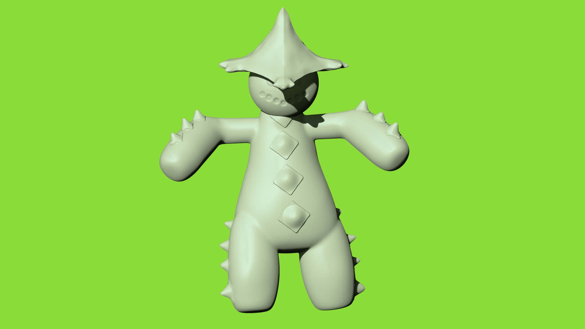 3D 桌布 壁紙 — 一個白色3D渲染的生物，戴著尖帽子和有刺的四肢，站在明亮的綠色背景前。