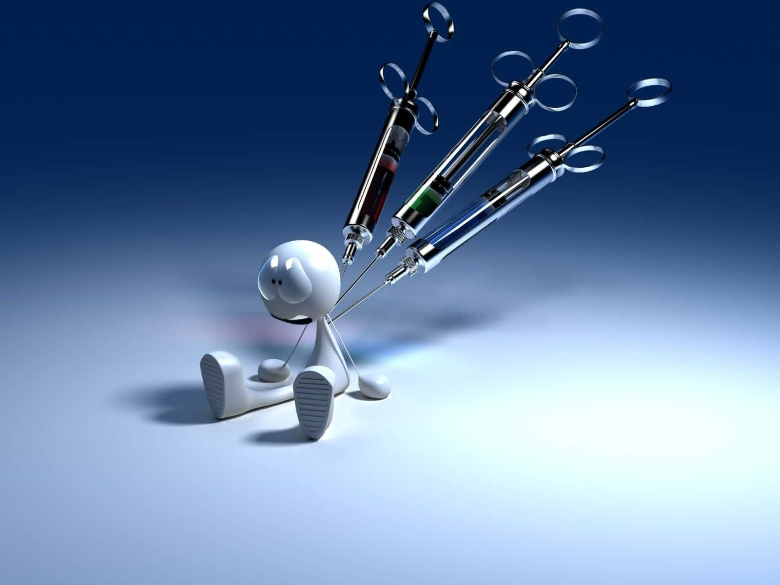 Vaccine 桌布 壁紙 — 一個白色3D火柴人坐在一個漸變藍色的地板上，地板被三支裝滿有色液體的大注射器刺穿。