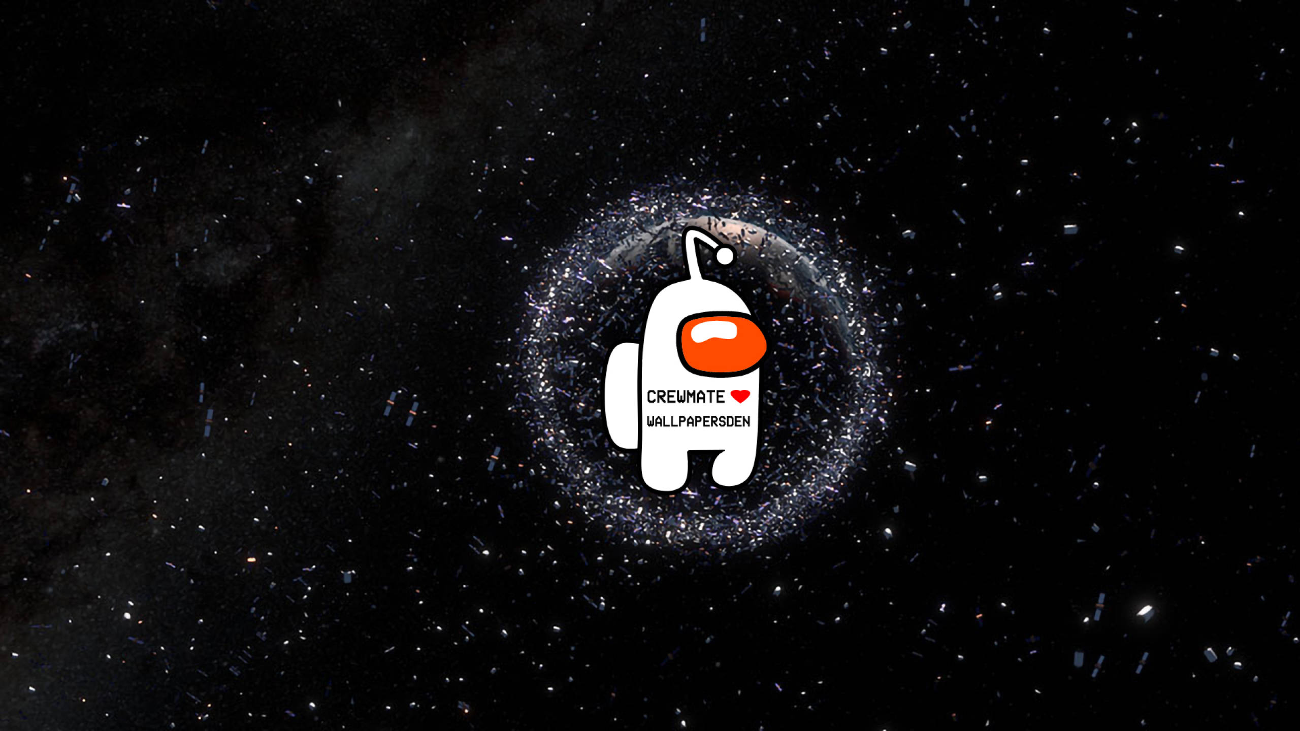 US 桌布 壁紙 — 一個白色Among Us船員戴著橙色面罩，漂浮在充滿星星和宇宙塵埃的太空之中。