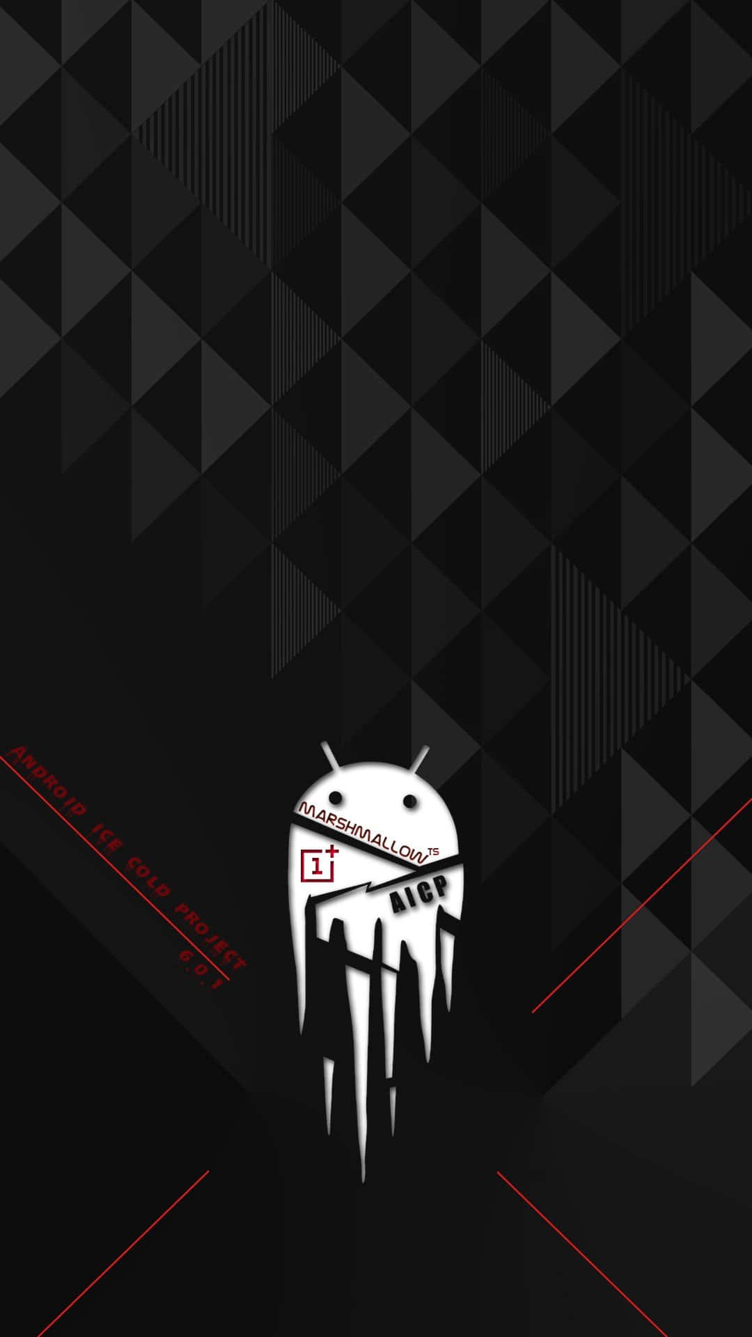 安卓 桌布 壁紙 — 一個白色Android吉祥物像冰一樣滴落，背景是帶有紅色對角線的黑色幾何三角形。
