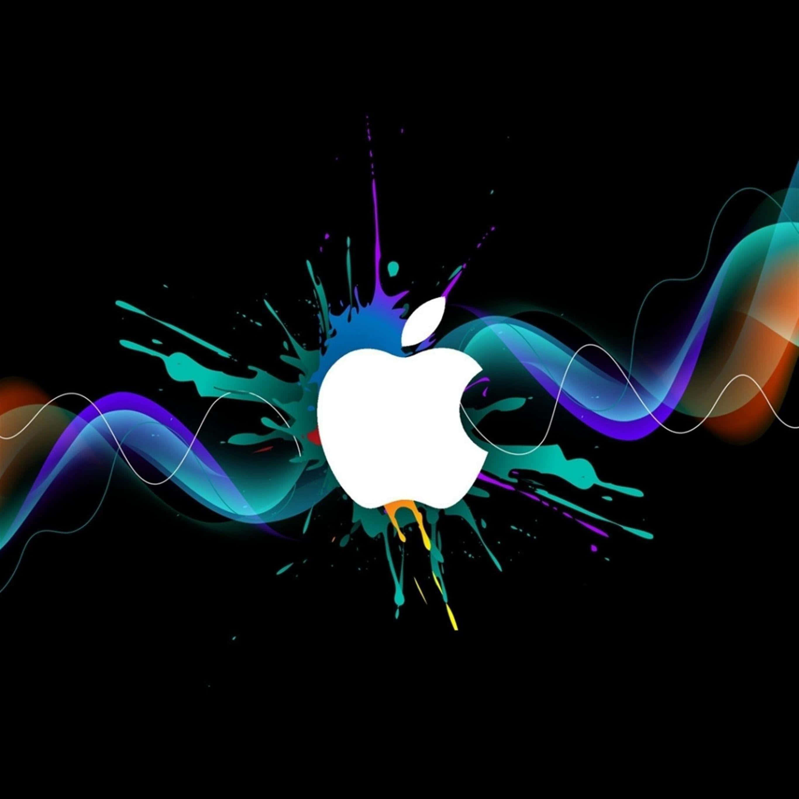 iPad Pro 桌布 壁紙 — 一個白色Apple標誌在黑色背景上爆發出充滿活力的青綠色、紫色和橙色油漆飛濺及流動的數位波浪。