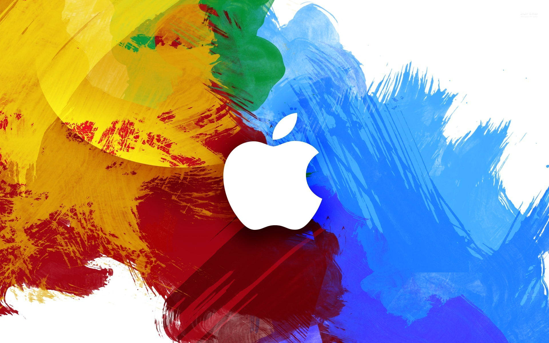 白色Apple標誌在色彩繽紛的抽象筆觸背景上。 — 蘋果標誌 GIF 壁紙