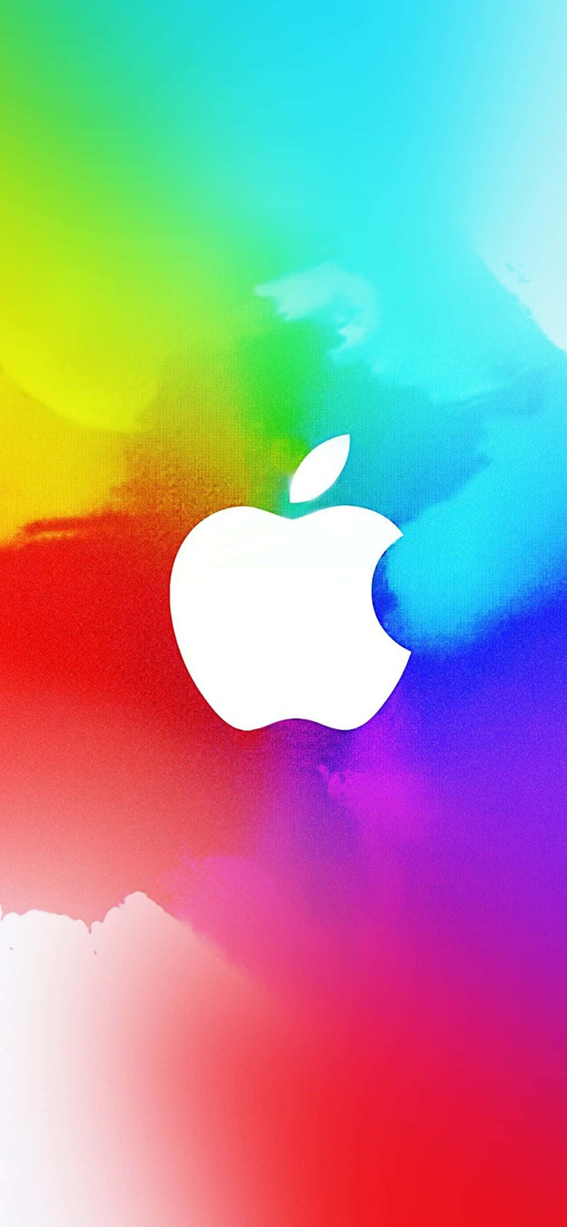 iPhone X Apple Logo 桌布 壁紙 — 一個白色Apple標誌居中於充滿活力的彩虹水彩潑濺背景上。