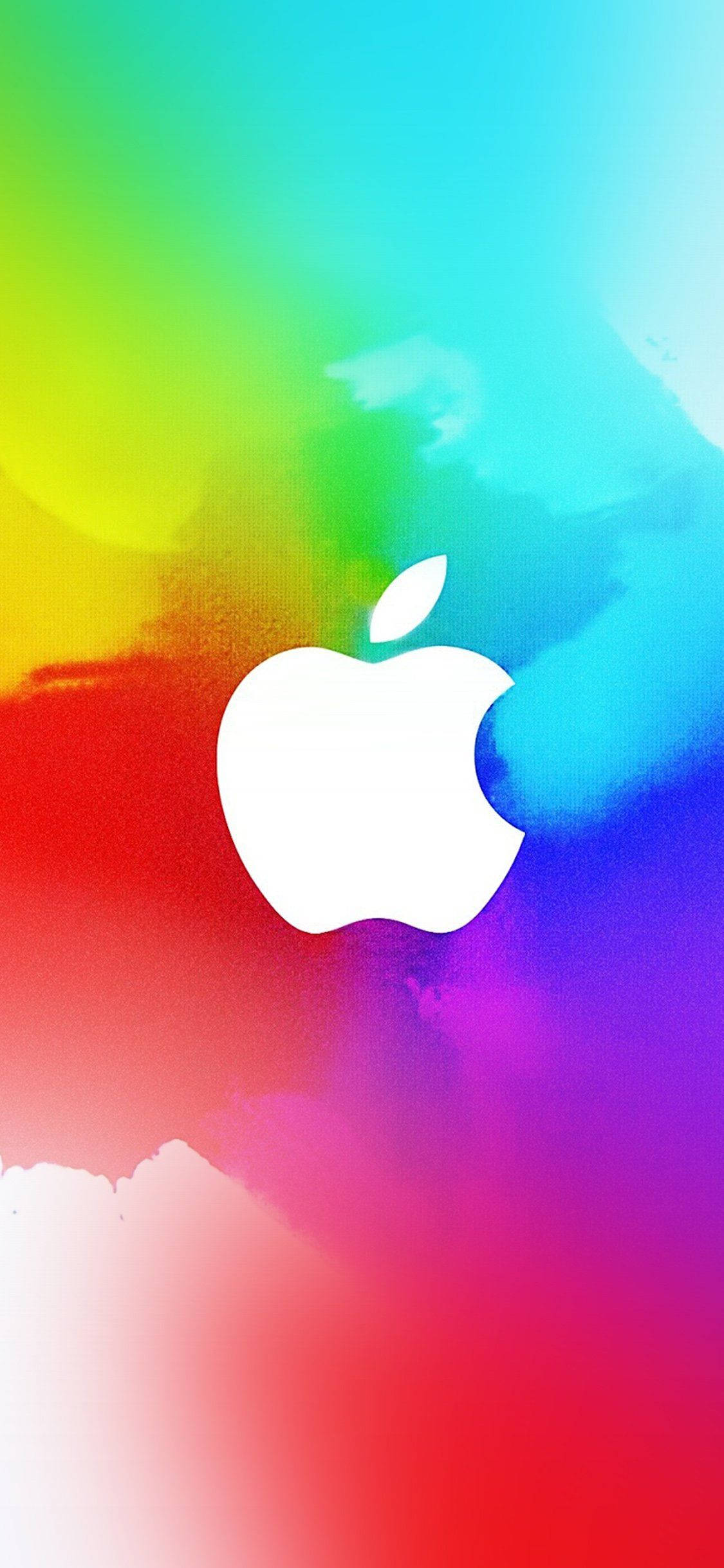 彩色動圖 桌布 壁紙 — 一個白色Apple標誌居中於充滿活力的彩虹水彩背景上。