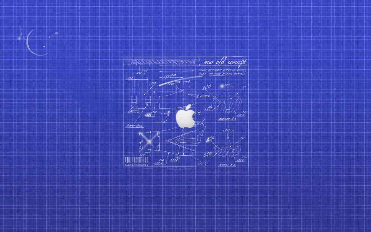 Old Mac 桌布 壁紙 — 一個白色Apple標誌居中於帶有技術圖紙和手寫筆記的藍色網格藍圖上。