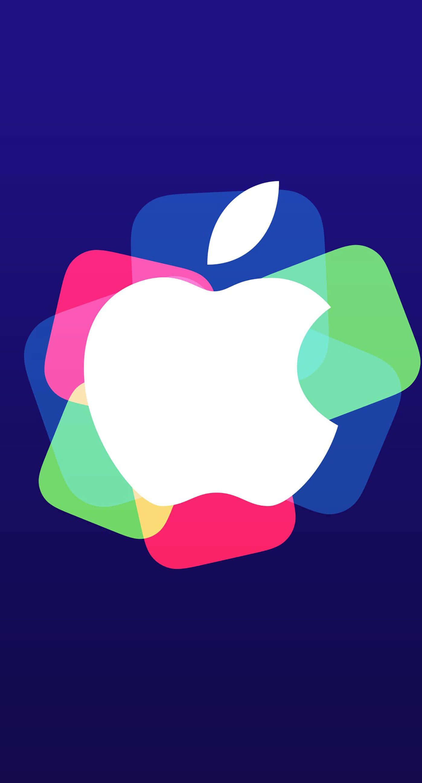 藍色美學手機 桌布 壁紙 — 一個白色Apple標誌居中於深藍色背景上，周圍環繞著色彩繽紛的半透明圓角正方形。