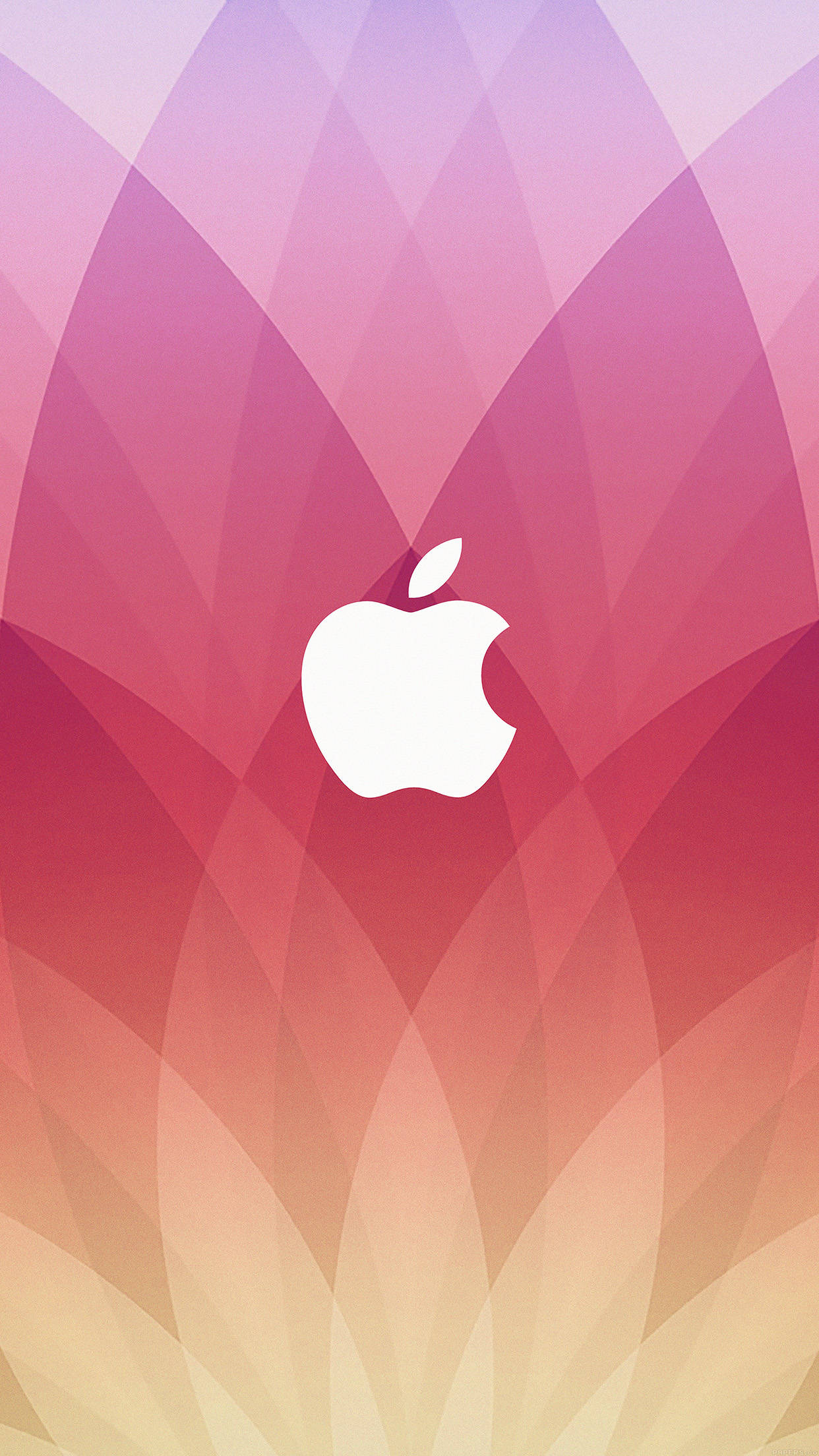 Smartphone 桌布 壁紙 — 一個白色Apple標誌居中於粉紅、紫色和橙色幾何花瓣的鮮豔漸變背景上。