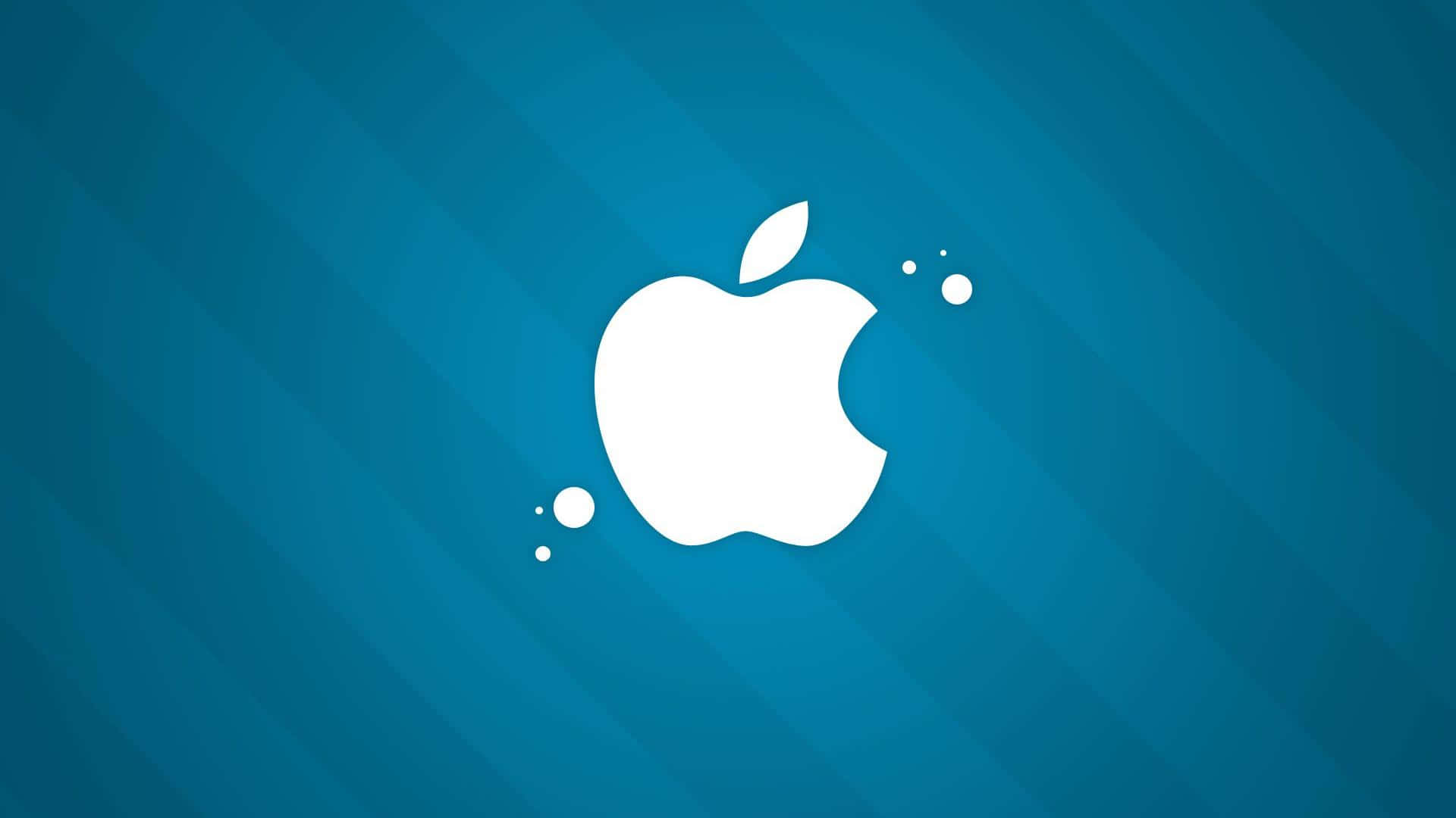 蘋果 桌布 壁紙 — 一個白色Apple標誌漂浮在帶有對角線條紋和浮動氣泡的藍色漸變背景上。