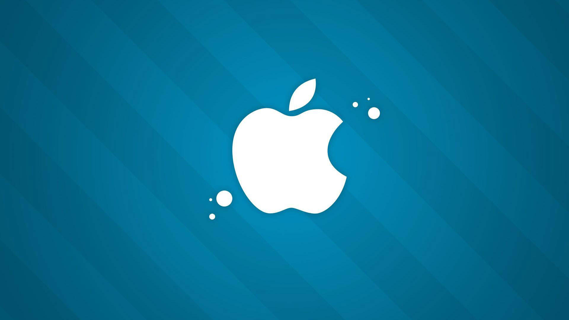 酷炫藍色 桌布 壁紙 — 一個白色Apple標誌漂浮在帶有對角線條和浮動點的漸變藍色背景上。
