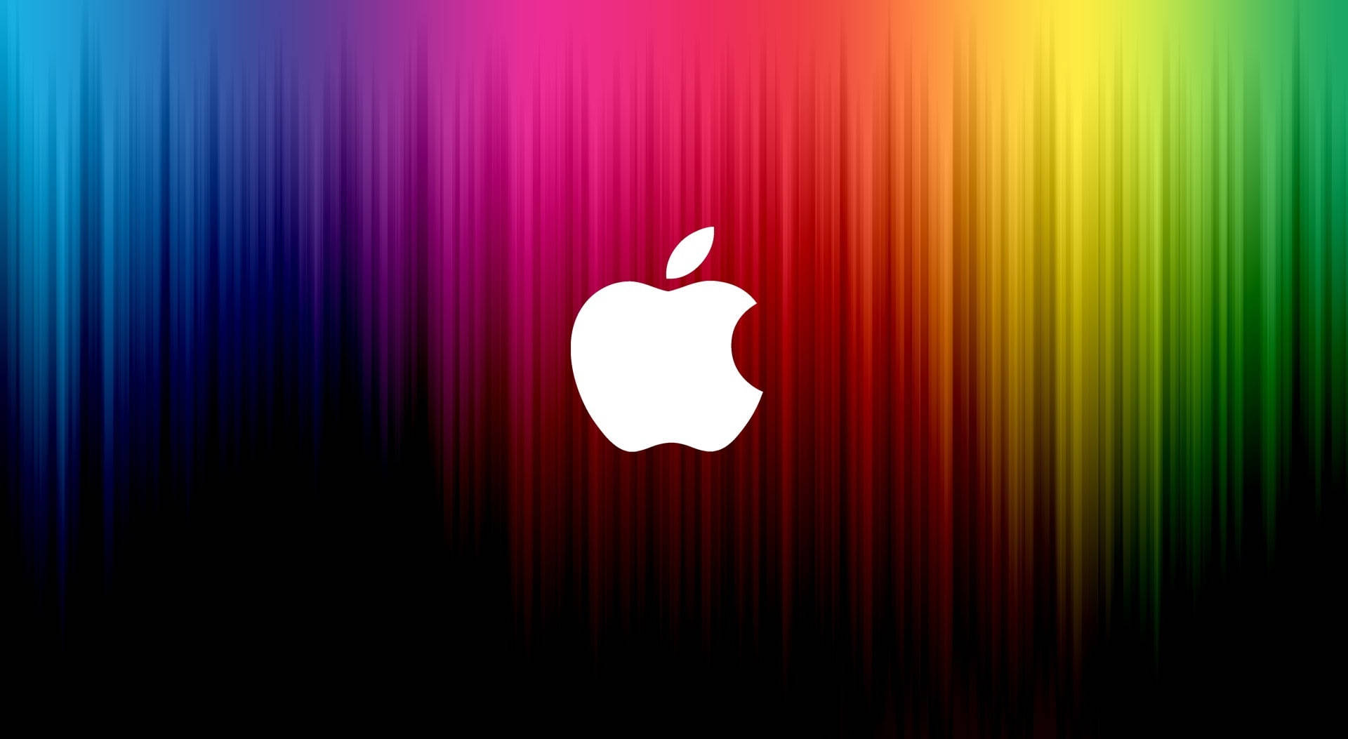 Macbook Air 桌布 壁紙 — 一個白色Apple標誌置於充滿活力的垂直彩虹漸變背景中央，背景漸變至黑色。