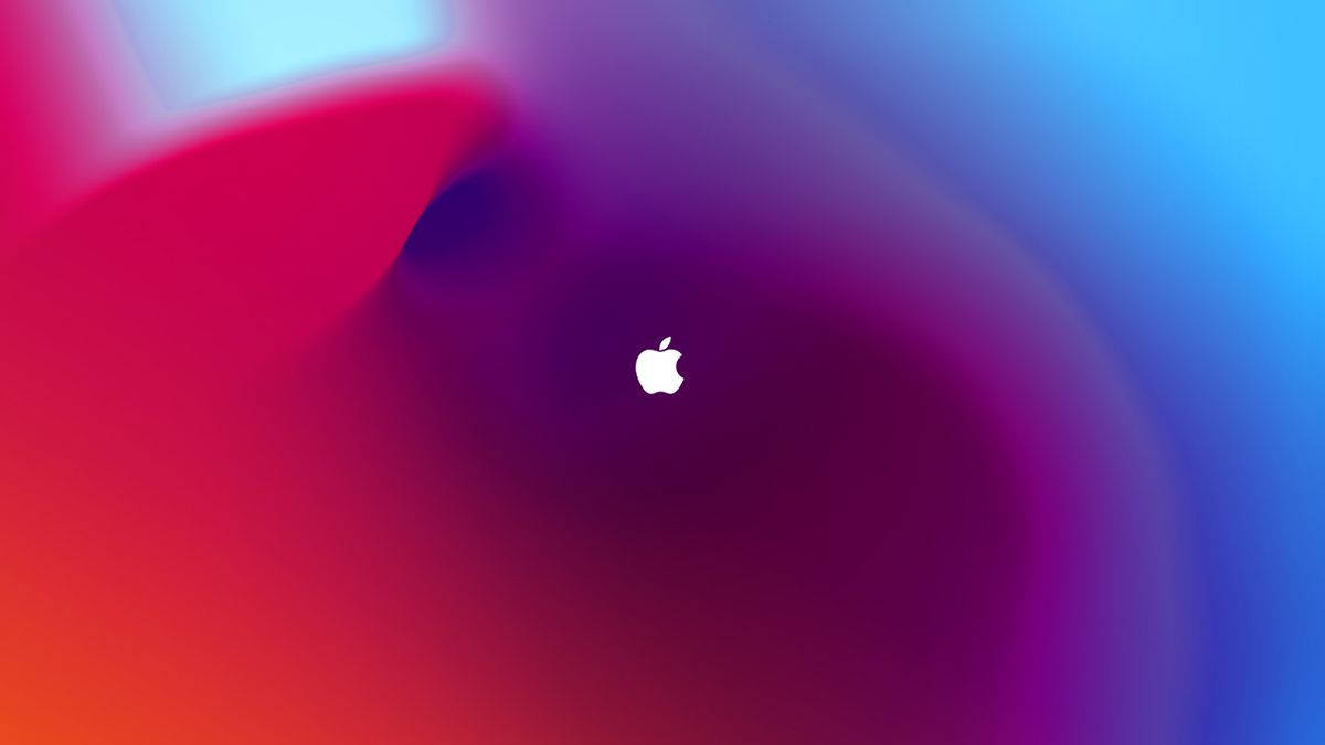 Gradient 桌布 壁紙 — 一個白色Apple標誌置於紅、紫、藍的鮮豔漸變背景中央，帶有柔和模糊的動態效果。