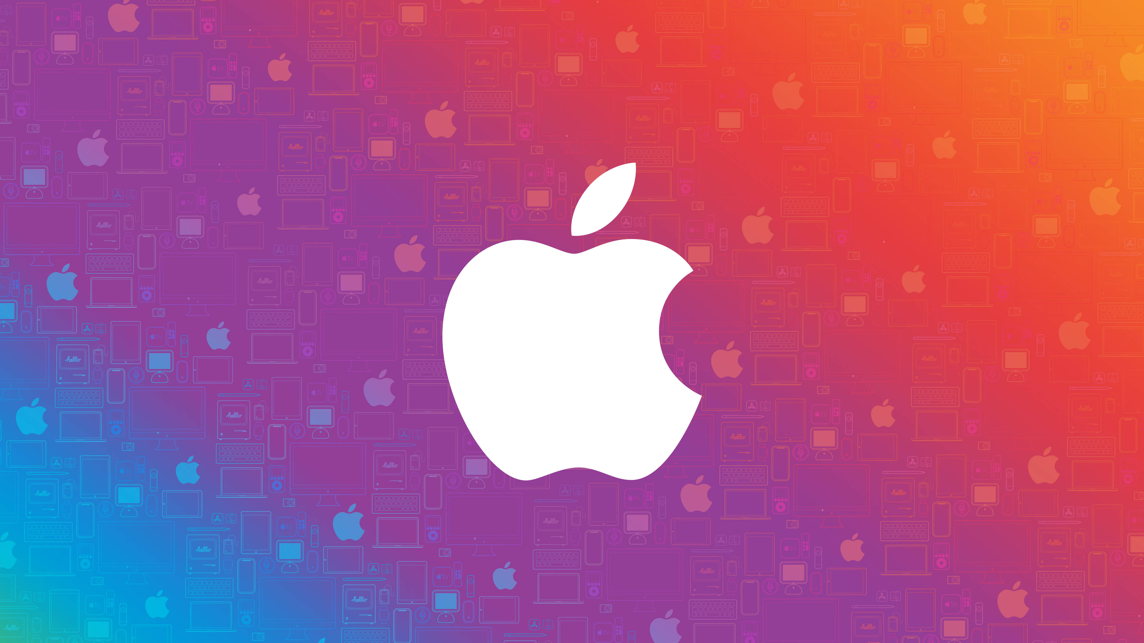 漸層 桌布 壁紙 — 一個白色Apple標誌置於鮮豔漸變背景中央，帶有模糊的科技設備輪廓。