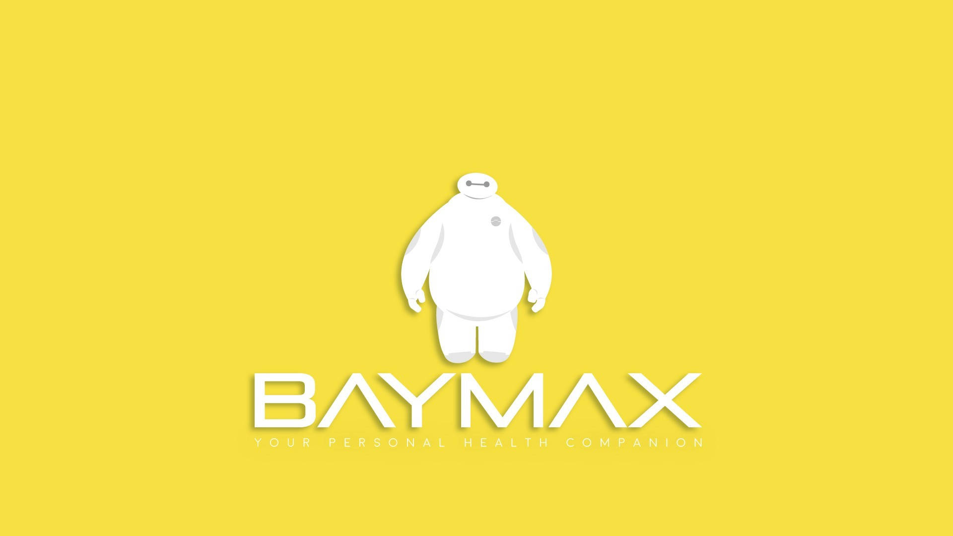 杯面 桌布 壁紙 — 一個白色Baymax機器人置中於純黃色背景上，下方有粗體白色文字。