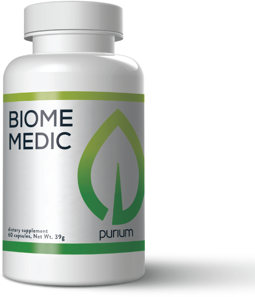 Medical 桌布 壁紙 — 一個白色Biome Medic膳食補充劑瓶，帶有綠色葉子標誌，立在黑色背景前。