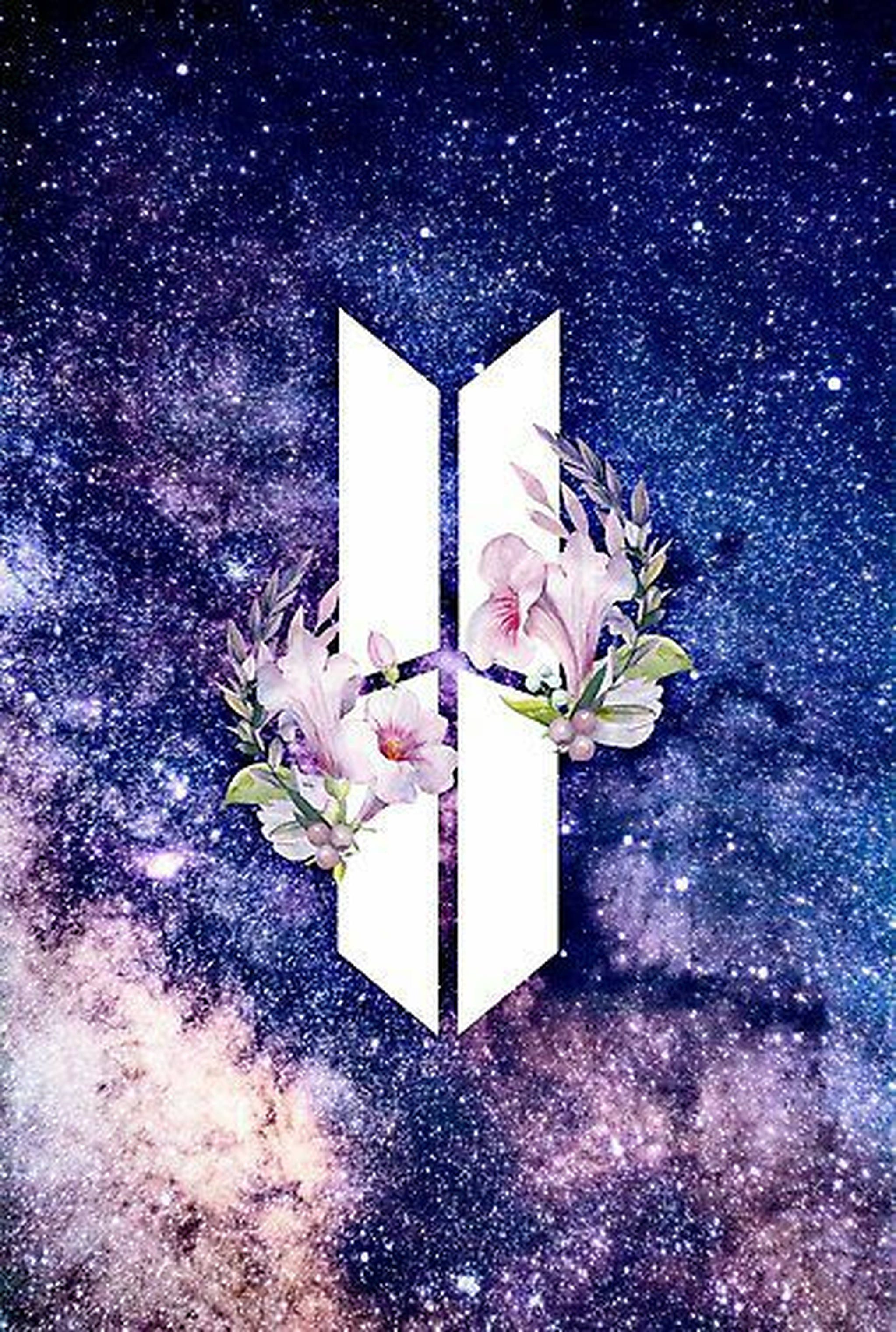 BTS標誌配以花環，背景為星空星系 — BTS ARMY GIF 壁紙