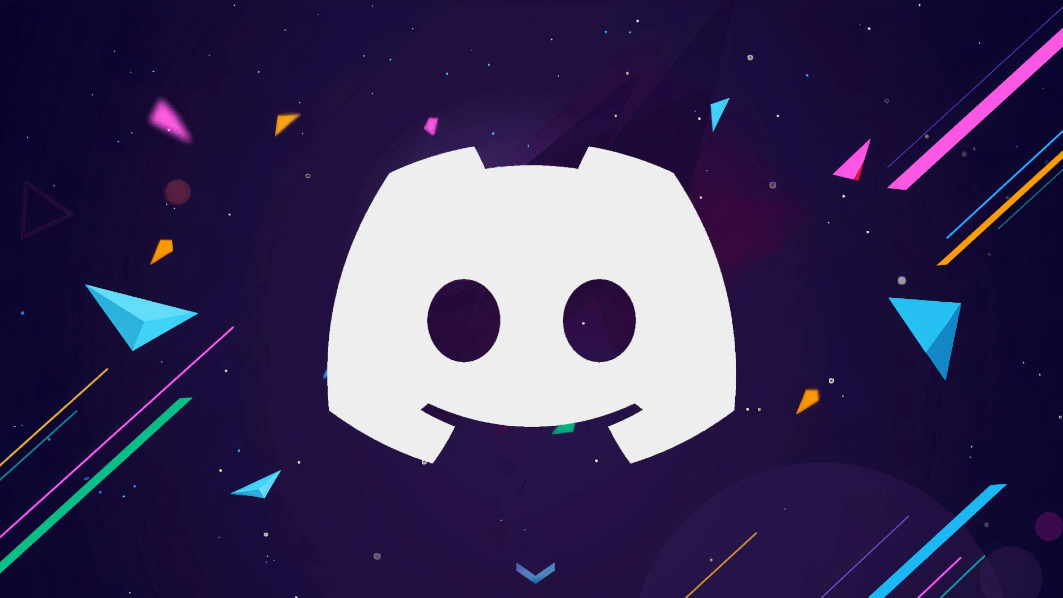 Discord 桌布 壁紙 — 一個白色Discord標誌漂浮在深紫色宇宙背景上，帶有色彩繽紛的幾何形狀和條紋。