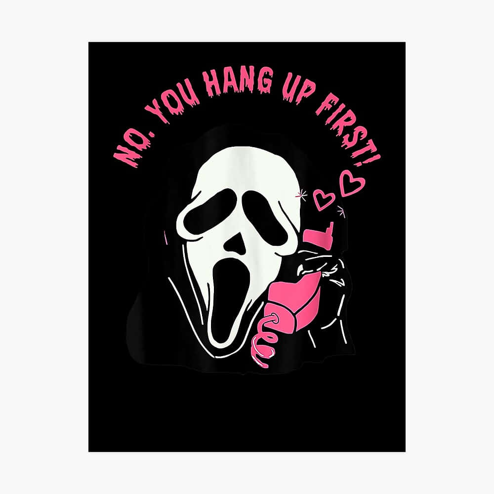 Cute Ghost 桌布 壁紙 — 一個白色Ghostface面具，帶有粉紅色唇膏和心形圖案，黑色背景上寫有粉紅色文字「NO YOU HANG UP FIRST!」