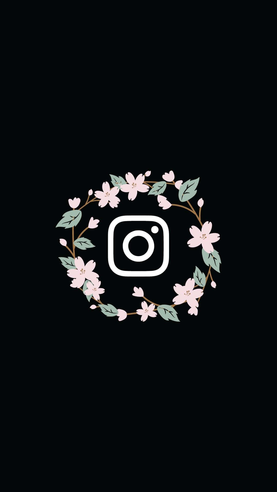 Instagram 桌布 壁紙 — 一個白色Instagram標誌，被粉紅色櫻花和綠色葉子組成的精緻花環環繞，背景為黑色。