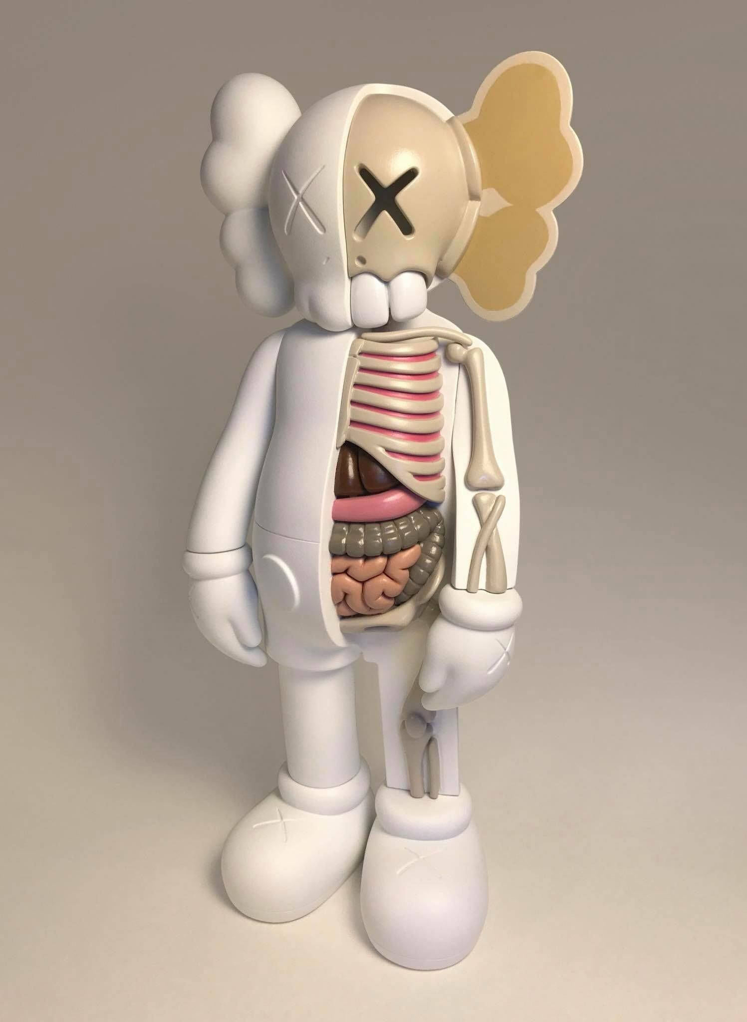 KAWS 桌布 壁紙 — 一個白色KAWS人偶，暴露內部器官和骨骼結構，背景為純灰色。