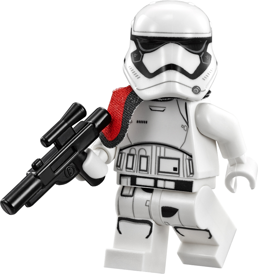 暴風兵 桌布 壁紙 — 一個白色LEGO白兵人偶在白色背景前手持帶有紅色肩帶的黑色爆能槍。
