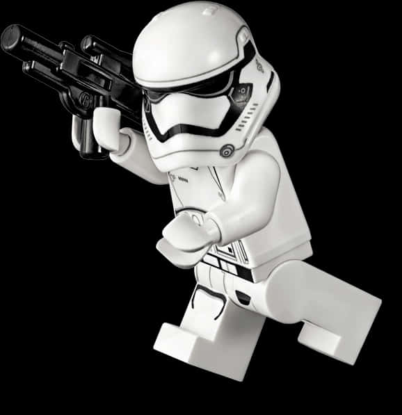 樂高 桌布 壁紙 — 一個白色LEGO風暴兵人偶穿著全套盔甲，用黑色爆能槍瞄準純黑色背景。
