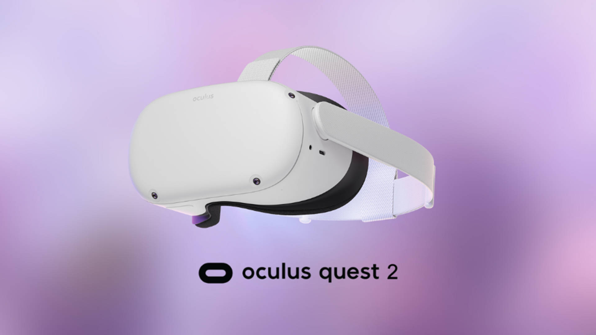 Quest 桌布 壁紙 — 一個白色Oculus Quest 2 VR頭戴式裝置漂浮在柔和的紫色和粉紅色漸變背景上。