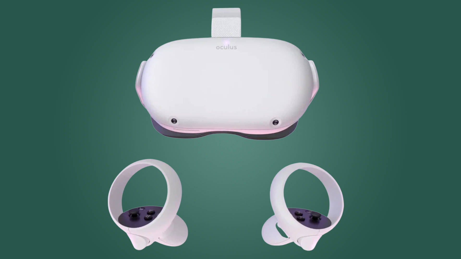 Quest 桌布 壁紙 — 一個白色Oculus VR頭戴式裝置和兩個控制器漂浮在純綠色背景上。