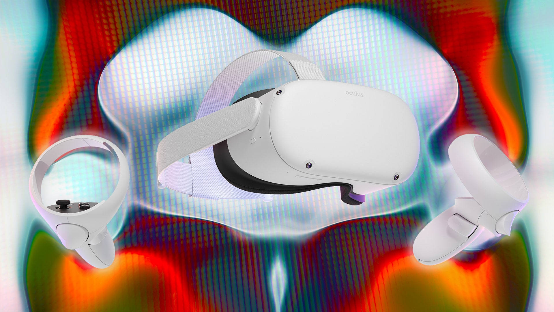 Quest 桌布 壁紙 — 一個白色Oculus VR頭戴式裝置和控制器漂浮在充滿流動霓虹色彩的鮮豔抽象數位背景上。