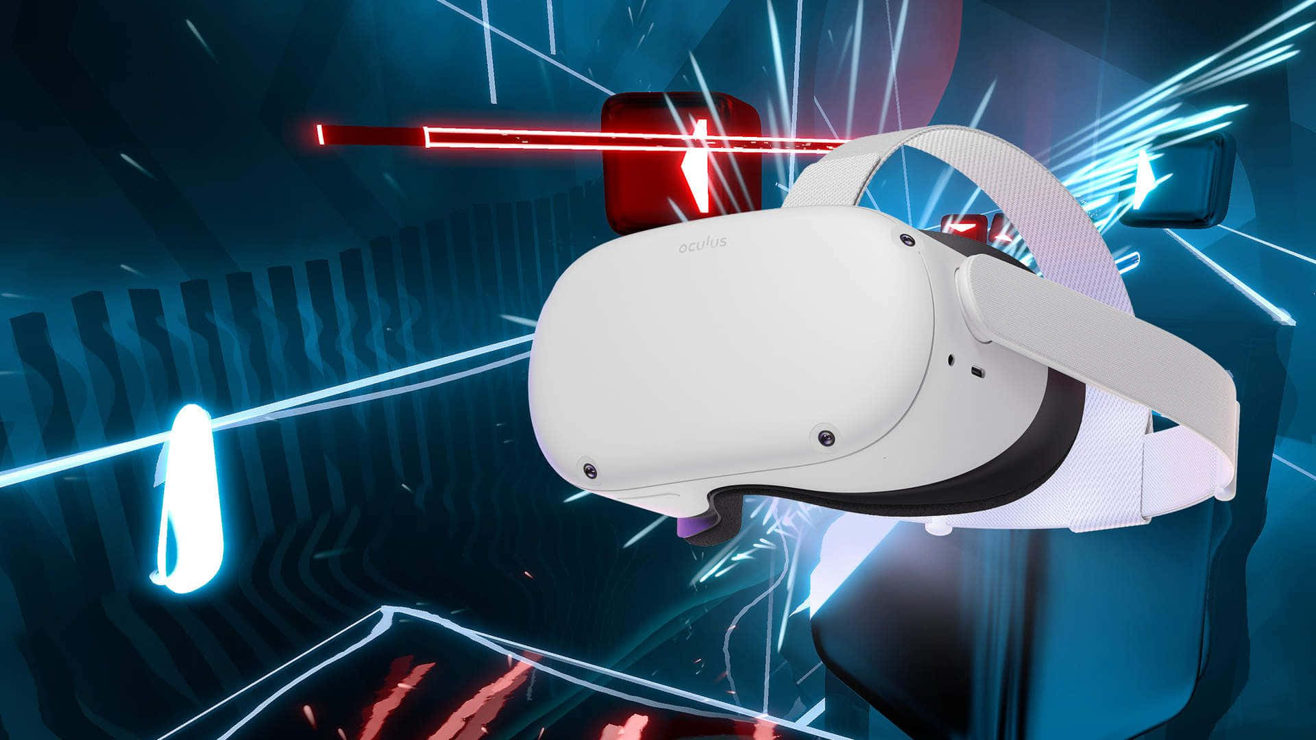 Oculus Quest 2 桌布 壁紙 — 一個白色Oculus VR頭戴式裝置漂浮在發光霓虹線條和數位粒子之間，背景為黑暗的未來風格。