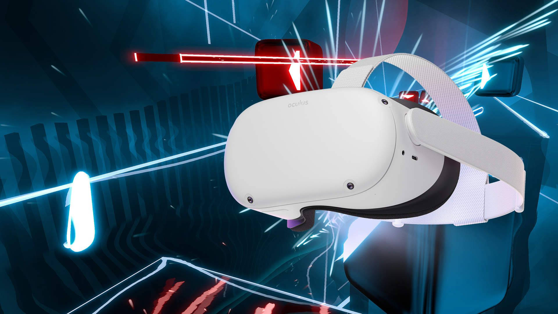 Quest 桌布 壁紙 — 一個白色Oculus VR頭戴式裝置漂浮在發光的霓虹線條和數位粒子之間，處於未來風格的賽博龐克設定中。