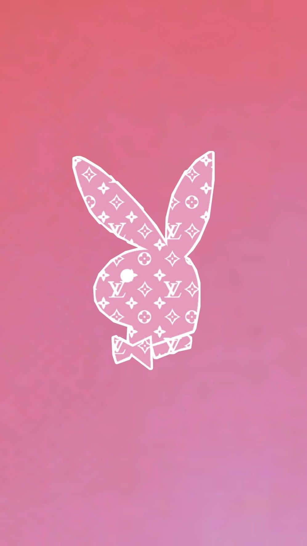 花花公子 桌布 壁紙 — 一個白色Playboy兔子剪影，填充路易威登Monogram圖案，襯以柔和粉紅色漸變背景。
