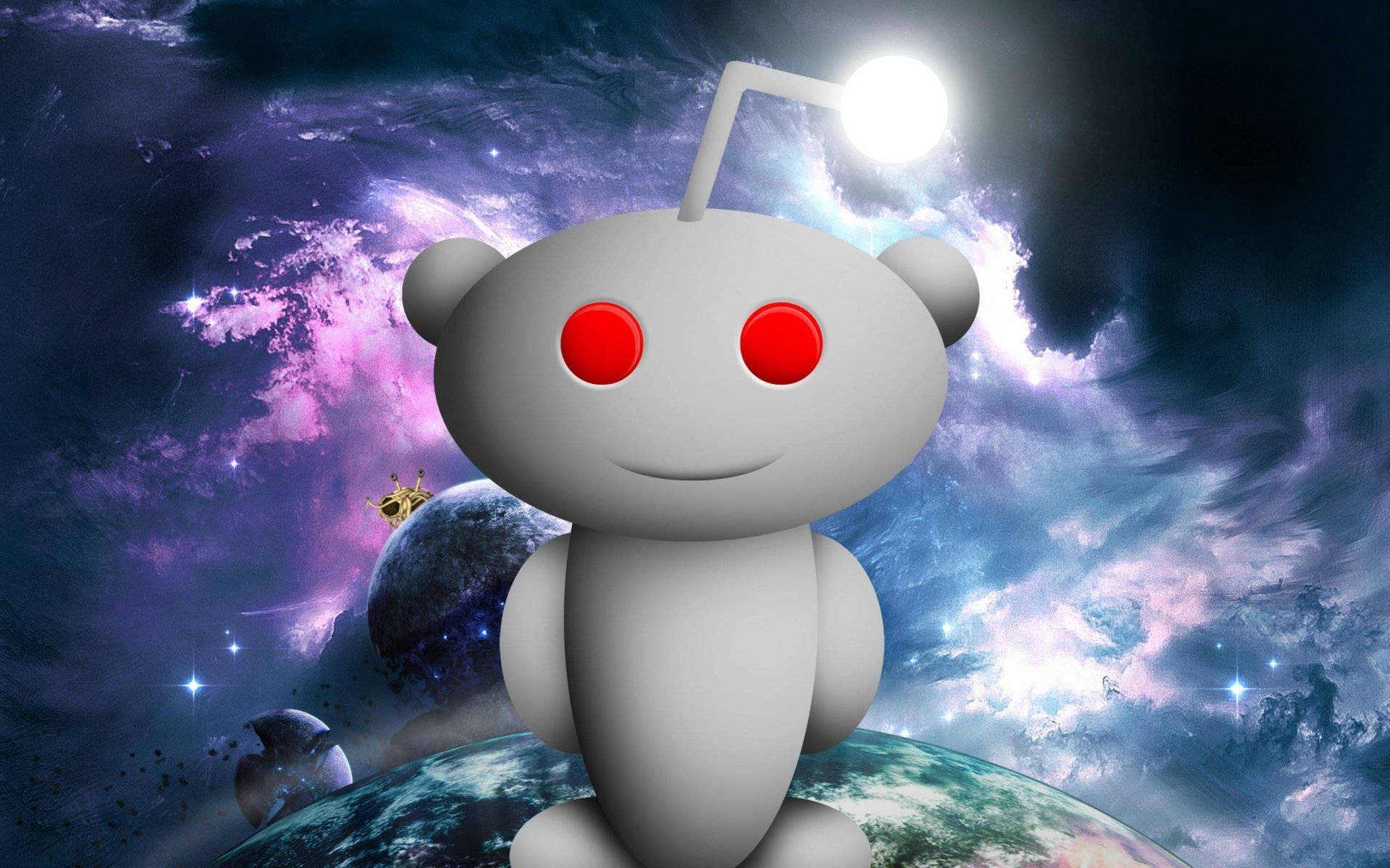 Reddit 桌布 壁紙 — 一個白色Reddit外星人吉祥物，紅眼睛，坐在一顆行星上，背景是充滿星星和漂浮行星的鮮豔宇宙星雲。