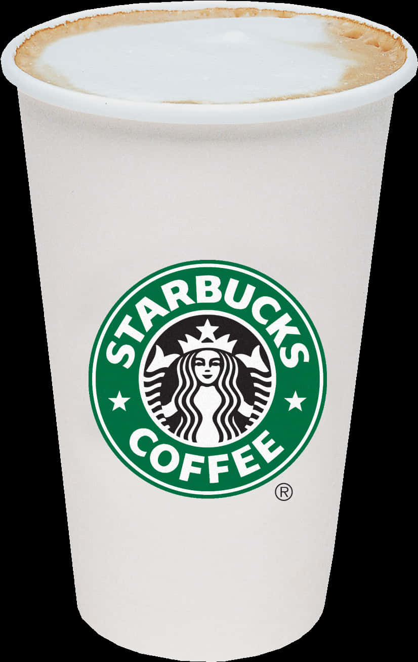 Starbucks Coffee 桌布 壁紙 — 一個白色Starbucks咖啡杯，帶有綠色標誌和奶油拿鐵藝術，置於黑色背景上。