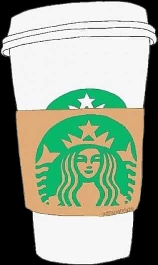 Starbucks Coffee 桌布 壁紙 — 一個白色Starbucks咖啡杯，帶有綠色海妖標誌，放在棕色杯套上，背景為黑色。
