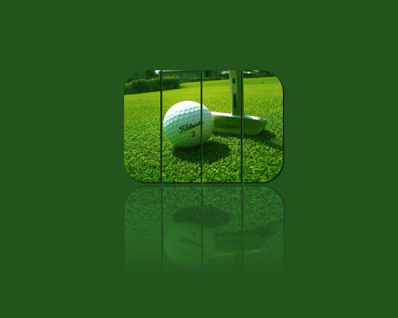 高爾夫 桌布 壁紙 — 一個白色Titleist高爾夫球和推桿放在充滿活力的綠色草地上，下方有鏡面倒影。